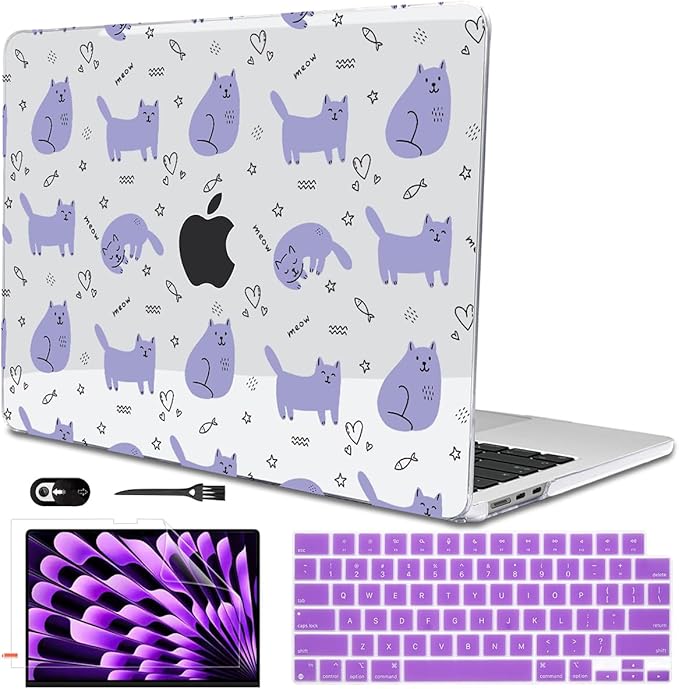 Case Compatible with MacBook Air 13.6 inch 2025 2024 2023 2022 M4 M3 M2 A3113 A2681 A3240 Cover with Liquid Retina Display Touch ID,Pattern Plastic Hard Shell for Mac Air M4, Cute Cat & Fish