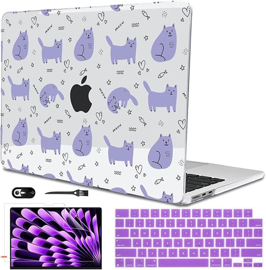 Case Compatible with MacBook Air 13.6 inch 2025 2024 2023 2022 M4 M3 M2 A3113 A2681 A3240 Cover with Liquid Retina Display Touch ID,Pattern Plastic Hard Shell for Mac Air M4, Cute Cat & Fish