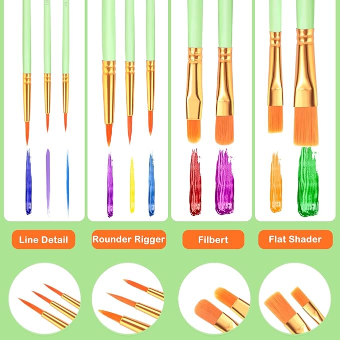 ESRICH Paint Brushes Set,10 Packs 100 Pcs Acrylic Paint Brush Set,Acrylic Oil Watercolor, Face Nail Art, Miniature Detailing,Rock Painting,Painting Artist Professional Kits(Green)