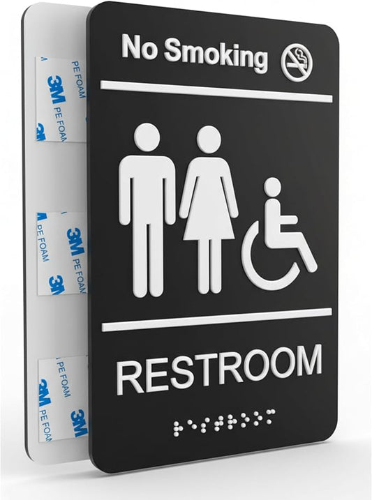 Unisex Restroom signs for business with No Smoking Sign, Brushed Acrylic Bathroom Signs, ADA Compliant with Grade 2 Braille, Raised Icons, Double Sided 3M Tape for Office Toilet Door & Wall 6x9" (1 Pack Restroom Sign)