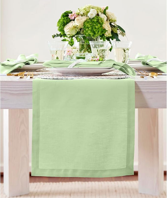 Solino Home Linen Pastel Green Table Runner 36 Inches - 100% Pure Linen Farmhouse Short Table Runner 14 x 36 Inch Ideal for Dresser and Coffee Tables - Fete