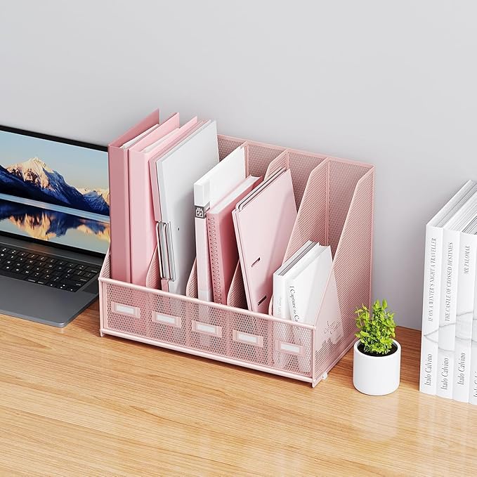 Marbrasse File Organizer for Desk,Desk File Organizer with 5 Vertical Compartments Mesh Magazine File Holder for Office School