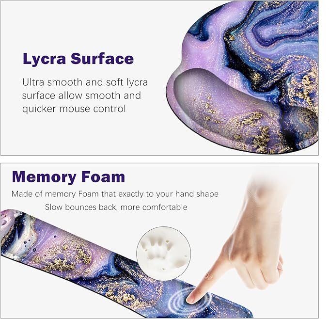 ARTSO Large Mouse Pad Ergonomic Keyboard Wrist Rest Support Combo, Memory Foam Gel Wrist Pad, Extended Desk Mat Protector, Non-Slip Desk Blotter, Purple Marble