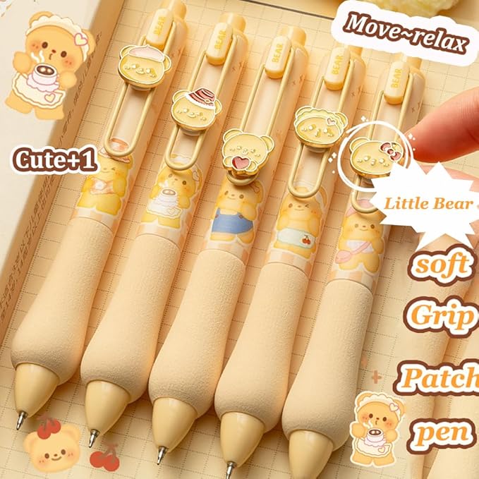 Cute Gel Pens 5Pcs Retractable Quick Dry Ink Pens 0.5mm Fine Point Black Ink Kawaii Smooth Writing Pens for School Office Supplies Aesthetic pretty pens (Honey Bear)