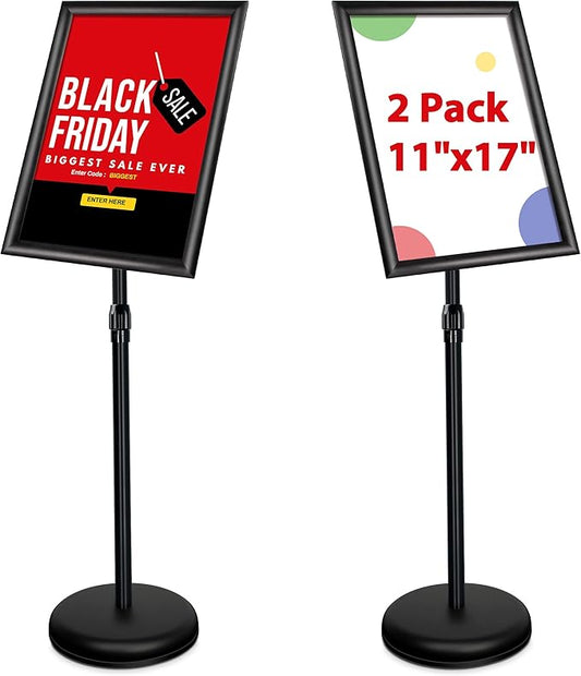 Heavy Duty Adjustable Pedestal Poster Sign Stand, 11x17 Aluminum Open Floor Standing Sign Holder for Vertical and Horizontal View Display. (2 Pack, Black)