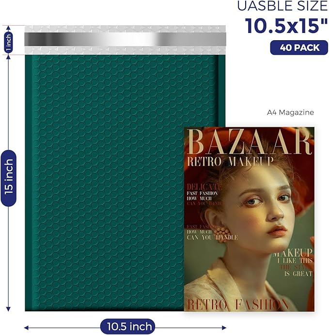 Fuxury Large Bubble Mailers 10.5x16" 500 Pack Forest Green Self Seal Padded Envelopes Opaque Mailing Envelopes Bubble Padded Cushion Padded Mailers for Packaging Small Business Bulk #5