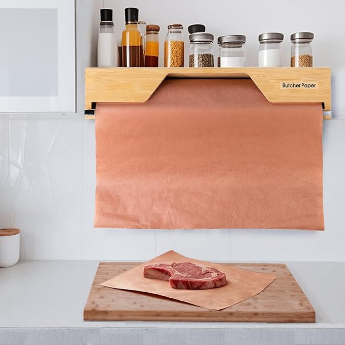 18 Inch Butcher Paper Dispenser with Cutter | Heavy-Duty Holder for Plastic Wrap, Foil, Freezer Paper & Kraft Rolls | Wall/Tabletop Bamboo Organizer | Kitchen, Crafting, Commercial Use