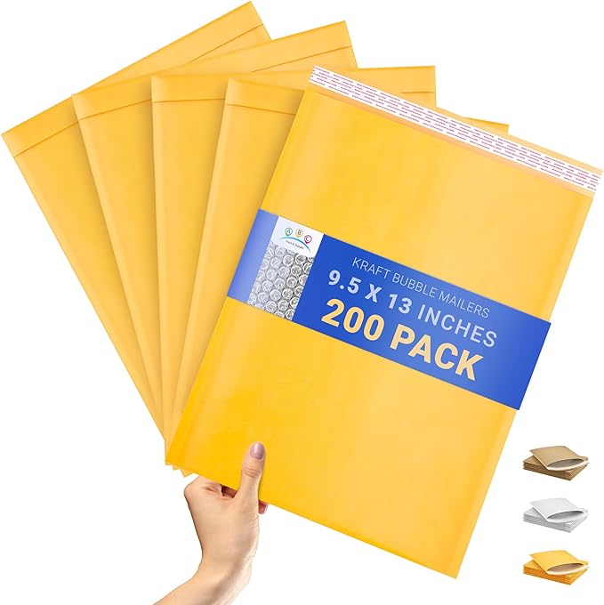 ABC PACK & SUPPLY Gold Kraft Bubble Mailer Envelopes, 9.5 x 13 Inches. 200 Pack Mail Padded Envelopes Self Seal. Kraft Bubble Mailers. Tear-Resistant Mailing Envelope Padded. Sturdy Paper Mailer