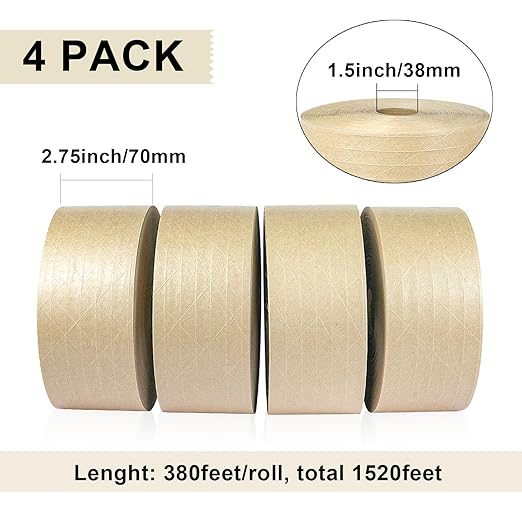 BOMEI PACK Reinforced Kraft Paper Packing Tape, 4 Pack 2.75 inch x 380 ft, Water Activated Gummed Kraft Tape for Heavy Duty Secure Packing, Shipping and Moving