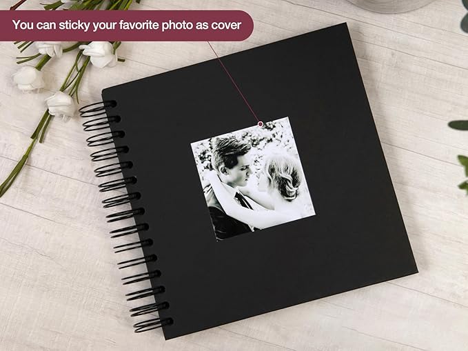 potricher 8 x 8 Inch DIY Scrapbook Photo Album 80 Pages Thick Kraft Blank Black Paper Memory Book for Wedding and Anniversary Family (Black, 8 Inch)