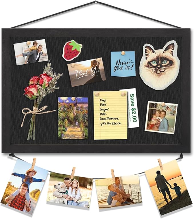 Miratino Pin Board Bulletin Board, 16 "x11 Black Linen Cork Boards for Walls with Black Frame ，Vision Board for Home Kitchen School Office Decor