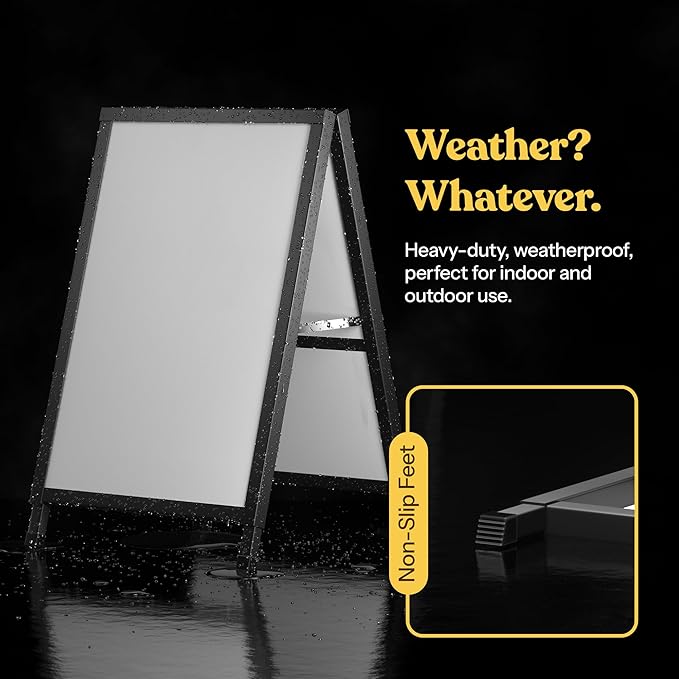 T-SIGN Outdoor A-Frame Sidewalk Sign 24x36 Inch Sandwich Board, Black Coated Steel Metal Double-Sided, Heavy Duty Slide-in Folding Frame Sign Holder, 2 Corrugated Plastic Poster Boards, Display Stand