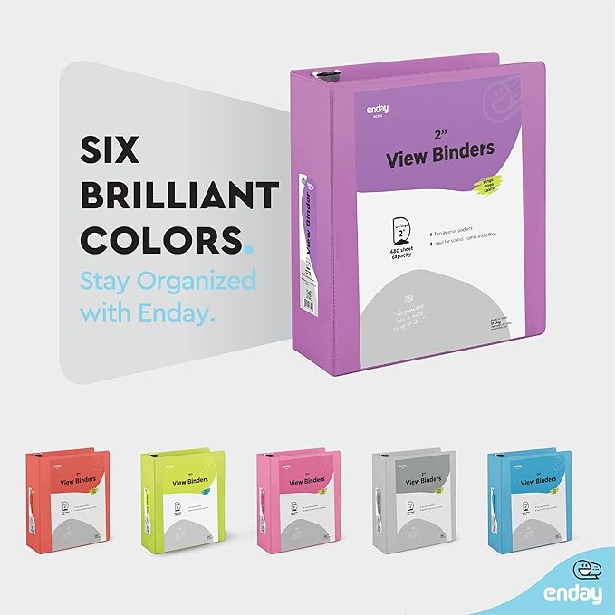 2 Inch 3 Ring Binder 2” Purple, Slant D-Ring 2 in Binder Clear View Cover with 2 Inside Pockets, Heavy Duty Colored School Supplies Office and Home Binders – by Enday