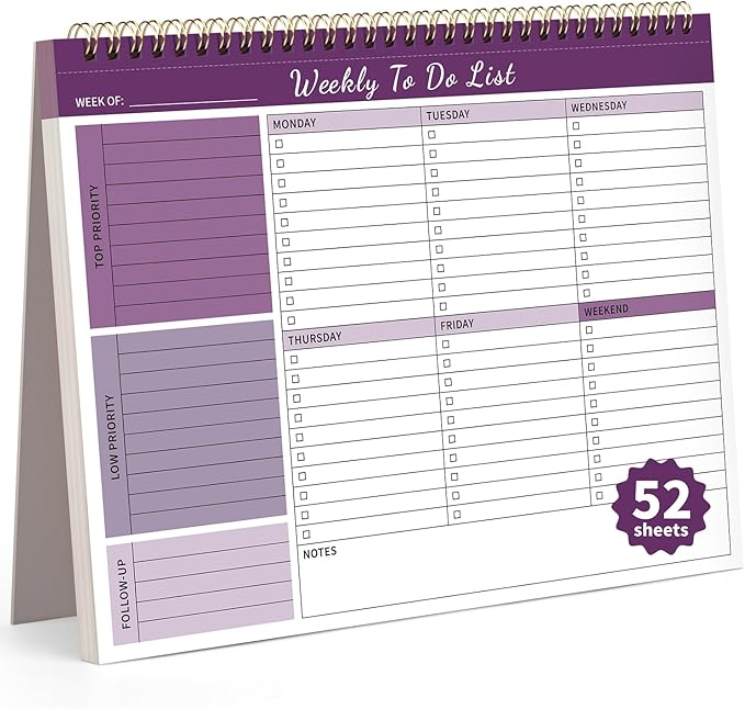 Weekly To Do List Notepad, 52 Undated Sheets （8.5"×11") Duplex-Printed Weekly Desk Planner For Work Home School Office Desk Accessories Supplies & Goal Setting Tasks - Purple