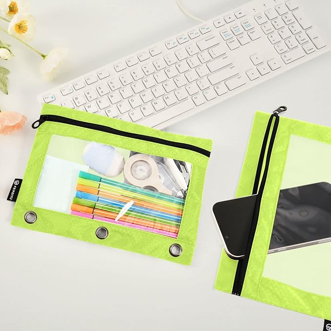 Gredecor Binder Pencil Pouch 3 Ring Lime Geen Zipper Pencil Pouches Case 2 Pack Clear Binder Organizer for School Office
