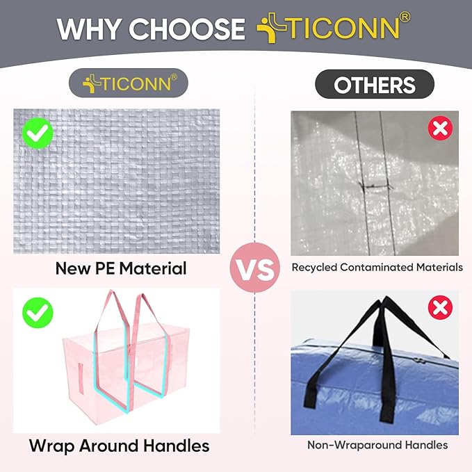 TICONN 2 Pack Extra Large Moving Bags with Zippers & Carrying Handles, Heavy-Duty Storage Tote Moving Boxes for Space Saving (2 Pack, Coral)