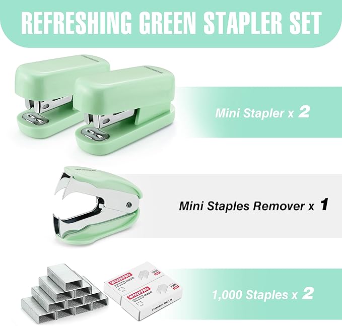 WORKPRO Small Stapler with Staples, Green Stapler Set Includes Two Mini Staplers, One Staple Remover, 2000 Standard Staples - Cute Staplers for Desk with Non-Slip Base, Lock Design, Portable