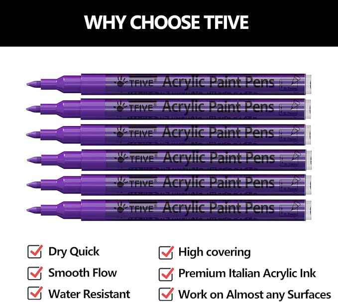 Purple Marker Paint Pens - 6 Pack Acrylic Purple Permanent Marker, 0.7mm Extra Fine Tip Paint Pen for Art Projects, Drawing, Rock Painting, Ceramic, Glass, Wood, Plastic, Metal, Canvas DIY Crafts