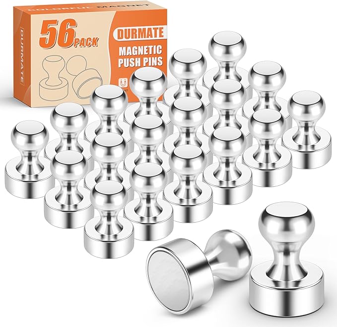 Strong Magnetic Push Pins, Small Whiteboard Magnets, Silver Kitchen Magnets for Refrigerator, 56 Pack Magnetic Clips Heavy Duty for Crafts, Office, Classroom, Gadgets, Desk Decor