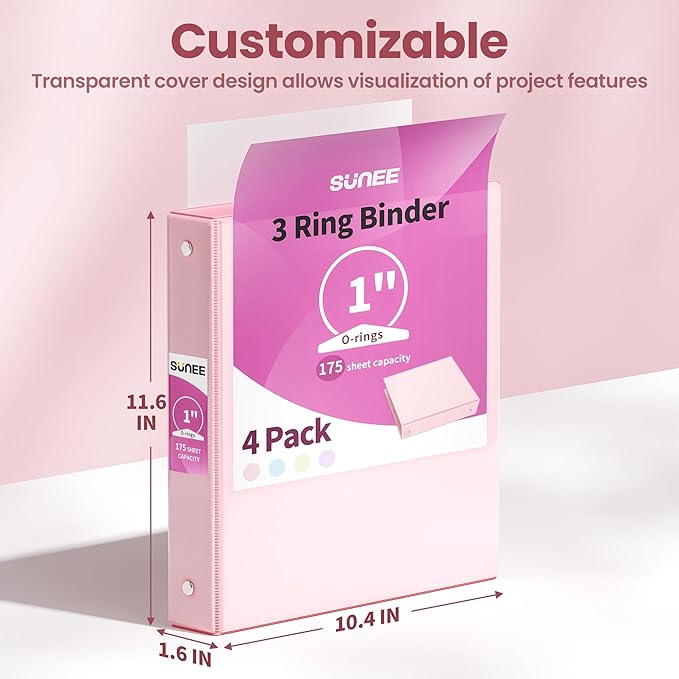 SUNEE 3 Ring Binder 1 Inch 4 Pack, Clear View 1" Binders Three Ring PVC-Free (Fit 8.5x11 Inches) for School or Office Supplies, Assorted Pastel