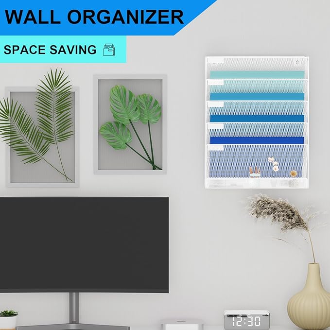 Wall File Organizer Holder Mesh Hanging Paper Document Holder,Vertical 6 Pocket Tier for Office Home, White