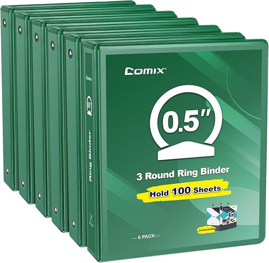 COMIX 3 Ring Binder 1/2 inch with Clear View Cover, 0.5" View Binder Holds 100 Sheets of US Letter Size Paper, 6 Pack (Green)