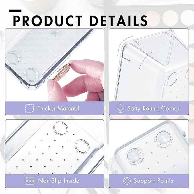 HOUSE DAY Desk Drawer Organizer Bins 4 PCS, 9*3*2" Clear Drawer Organizers with Silicone Pads, Vanity Organizers and Storage, Non Slip Plastic Drawer Organizer for Makeup, Bathroom, Kitchen, Office