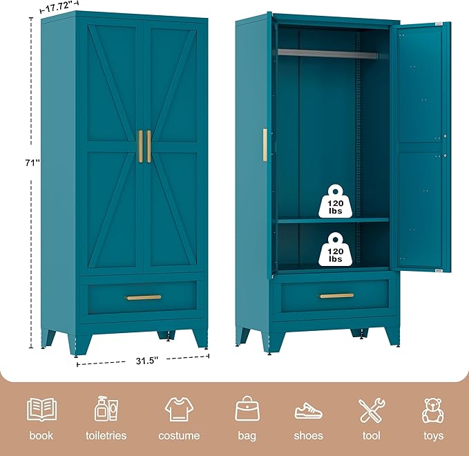 71" Tall Metal Wardrobe Cabinet with Drawer and Hanging Rod, 2 Doors Armoire Wardrobe Closet with Shelf for Bedroom, Office, Laundry Room, Blue