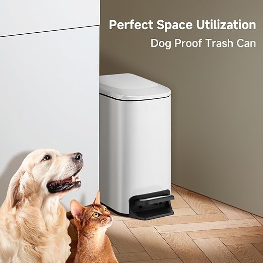 TIPGO Slim Bathroom Trash Can with Lid Soft Close, Step Pedal, 6 Liter / 1.6 Gallon Stainless Steel Trash Bin, Small Garbage Cans for Bedroom, Office, Kitchen (White)