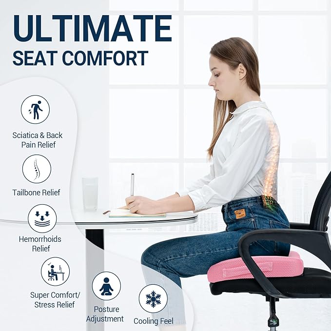 Gel Seat Cushion for Car Office - Memory Foam Pain Relief Chair Pillow Cushions - Tailbone Sciatica Coccyx Butt Lumbar Support Pad for Sitting Driving Traveling, Mesh, Pink