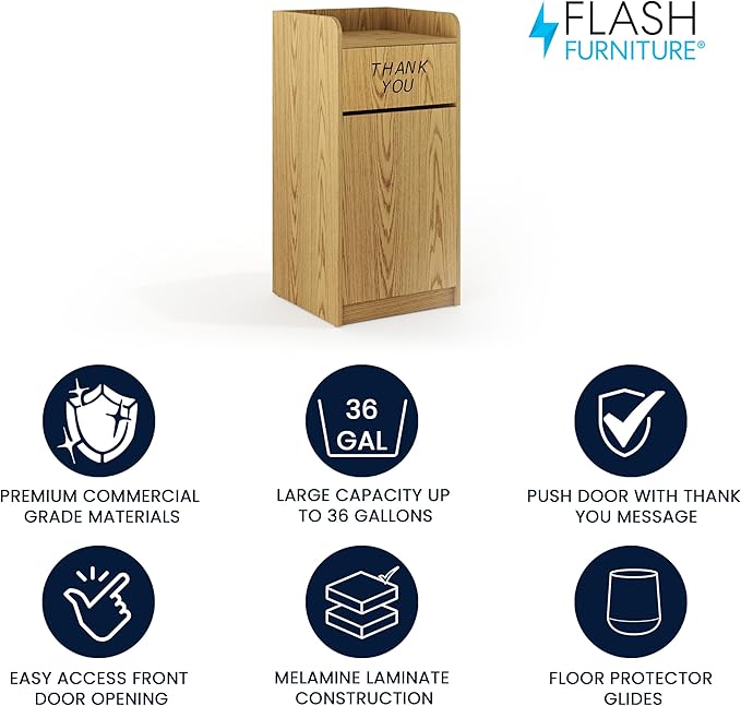 Flash Furniture Sony Laminate Wood Commercial-Grade Trash Receptacle with Tray Top, Wooden Restaurant Trash Can Cabinet and Garbage Receptacle, Oak