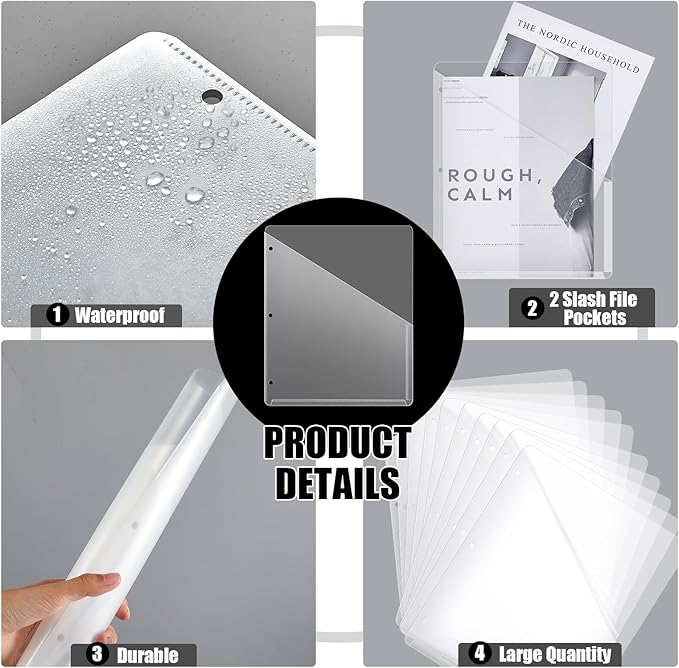 Seajan 48 Pcs Pocket Folders for 3 Ring Binder Clear Plastic Folders Sleeves with 2 Pockets 3 Hole Punch Binder Dividers Poly Slash File Jackets for Office School Document Organizer (White)