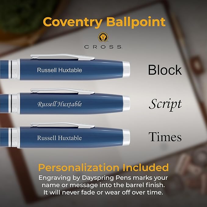 Personalized, Custom Engraved Cross Pen for Men or Women | Cross Coventry Ballpoint Pen | Luxury Gift for Office, Graduation and Business [Blue Lacquer with Chrome Trim]