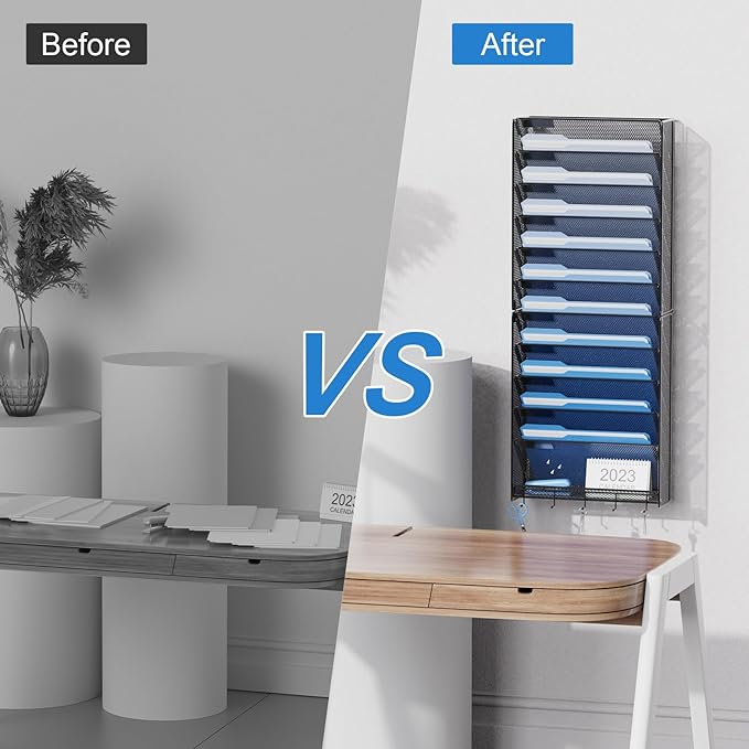 OUTWOLF 2Pack 12 Tier Hanging Wall File Organizer with Hooks, Vertical Wall Mount File Folder Holder, Paper Document Mail Organizer for Office