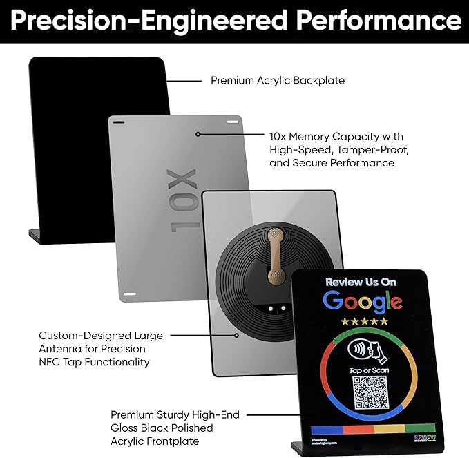 NFC Tap Stand (6-Pack) by Review Highway - Compatible with Google Reviews - NFC Tap & QR Scan for Instant Reviews - Boost SEO - iPhone/Android Compatible – Reusable and Zappy Fast (Black, 6 Stands)