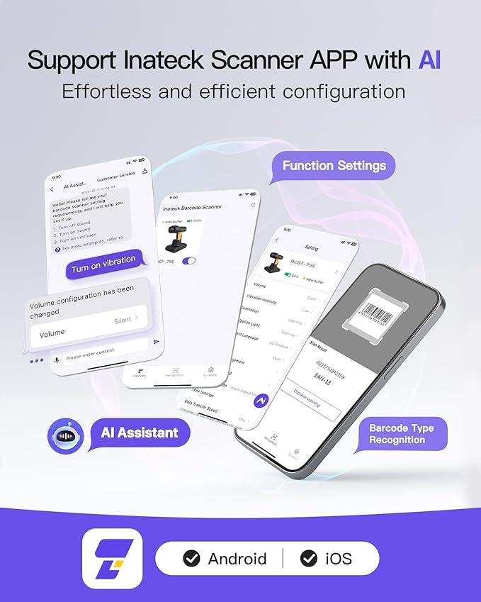Inateck Industrial Barcode Scanner Wireless, 2D QR Code Scanner with Smart Charging Stand, IP67 Waterproof and Dustproof, Barcode Reader with 2600mAh Battery，Handscanner with App & SDK, BCST-75S