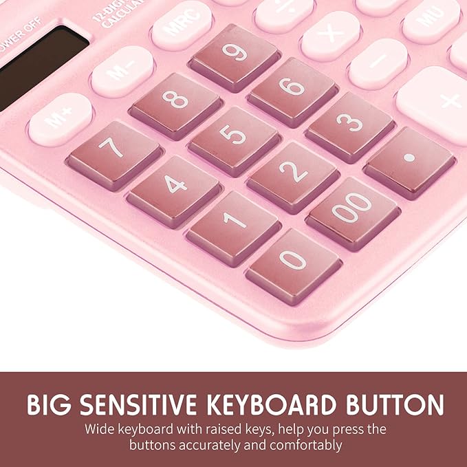 Konohan 8 Pieces 12-Digit Calculator, Solar Basic Desktop Calculator Large Display Electronic Dual Power Handheld for Home Office School(Pink)