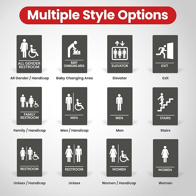 Promot Unisex Bathroom Sign – ADA Braille Restroom Sign for Business, Self-Adhesive, 9" x 6", Commercial Door Signage, Office Wall Decor - Gray