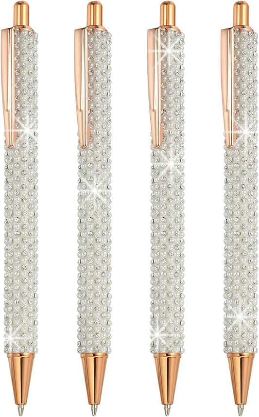 PATIKIL Rhinestone Metal Ballpoint Pen, 4 Pack Crystal Pearl Pens Black Ink 1.0mm Point Sparkly for Women Gift Office Note Taking Journaling, White