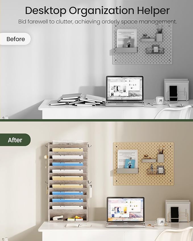 Wall File Organizer, 10-Tier Hanging Mail Organizer, Wall Mount File Holder with 4 Side Hooks, Industrial Mail and Storage Organizer, Wooden Vertical Hanging Holder for Office, Greige MWJ03FH