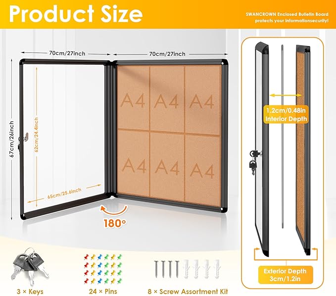 SWANCROWN Lockable Noticeboard Wall-Mounted Bulletin Cork Boards Tamper Proof Information Board Indoor,Black Frame,28x26 inch (6xA4)