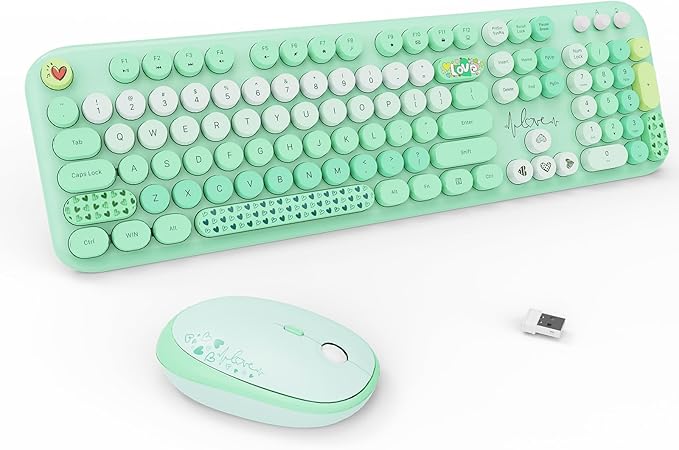 FOPETT Wireless Keyboard and Mouse Combo - 2.4G Full-Sized Cute Colorful Retro Keyboard with Round Keycaps 104 Keys Typewriter Keyboard for Laptop/Windows/PC-Green Colorful
