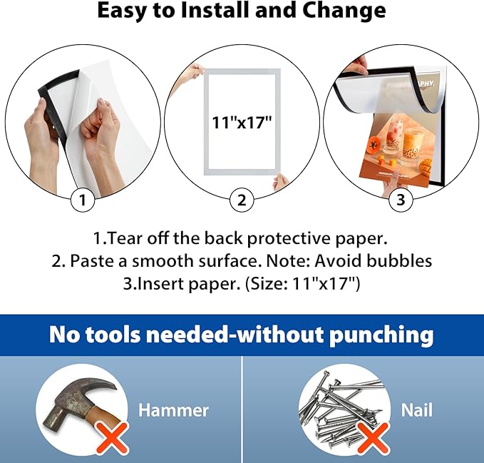 5Packs Magnetic Sign Holder, 11x17 Self Adhesive Display Frame With Strong Magnetic Frame and Clear PVC for Office, Store, Home, Door, Window, Refrige Paper Holder, Silver