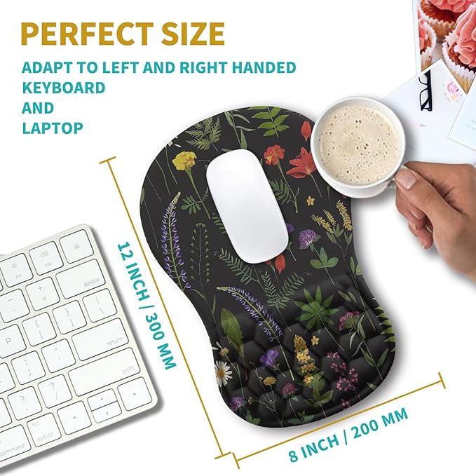 Hokafenle Ergonomic Mouse Pad Wrist Support, Wrist Rest Mousepad for Carpal Tunnel Pain Relief with Integrated Memory Foam Slope Massage Bulge (11.8x7.9 inch,Flowers