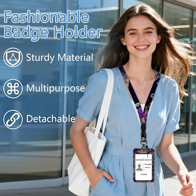 Black cat Badge Holder Reel Lanyard,Flower ID Card Badge Holder Retractable Name Tag Clips for Doctor Nurse Teacher Office Student