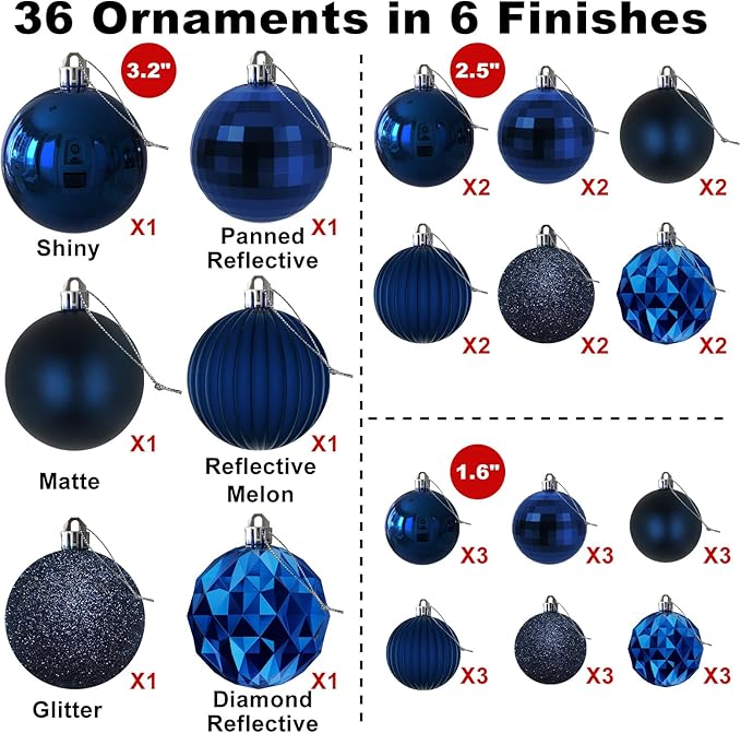 Navy Blue Christmas Ornaments - Christmas Tree Decorations Shatterproof Hanging Balls for Birthday Wedding Holiday Decor Set of 36pcs, Multi-Sizes(1.6",2.5",3.2")