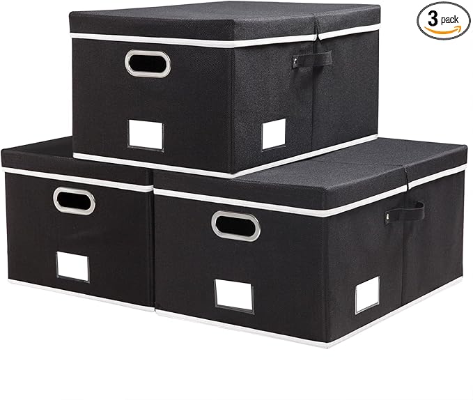 PRANDOM Storage Boxes with Lids [3-Pack] Fabric Collapsible Storage Bins Organizer Containers Baskets Cube with Cover for Home Bedroom Closet Office Nursery Black（23.4X15.9X11.5
