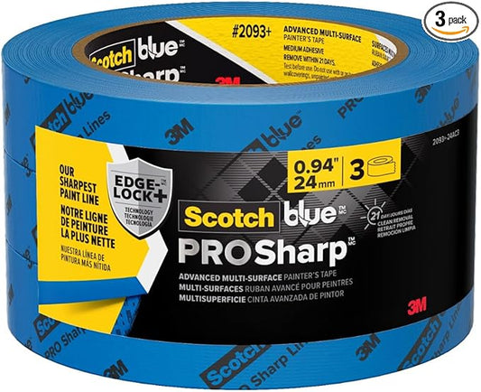 ScotchBlue PROSharp Painter's Tape 1 Inch Wide (0.94 in x 60 yd) 3 Rolls Blue Tape Protects Surfaces and Removes Easily, Edge-Lock Tape for Indoor and Outdoor Use (2093+-24AC3)
