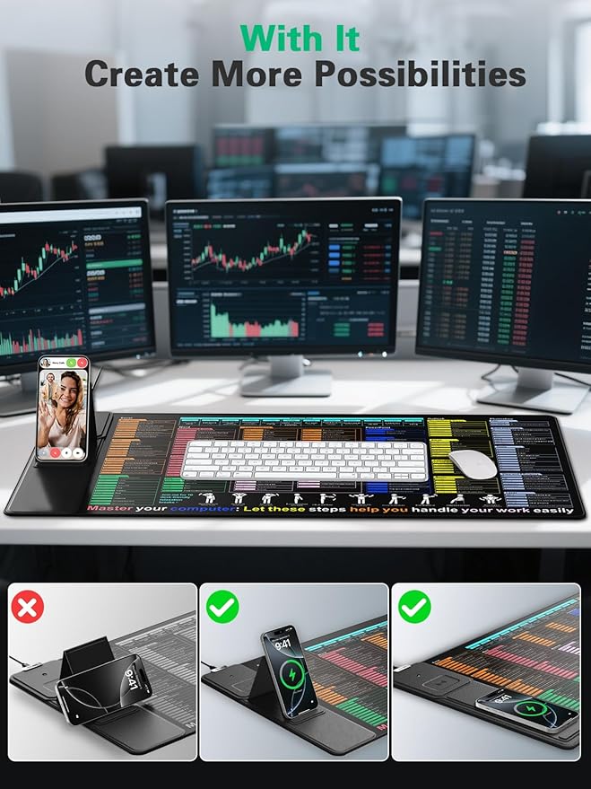 Mouse Pad with Excel Shortcut Keys, Desk Pad with Wireless Charger & Phone Stand, XXL Large Cheat Sheet Mousepad | PC Office Spreadsheet Keyboard Mat | Non-Slip Stitched Edge for Home Office Work