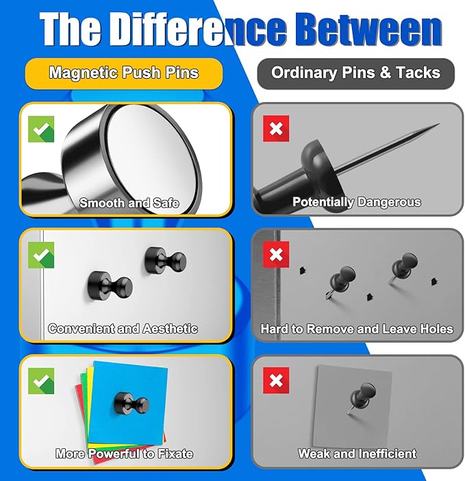 Strong Whiteboard Magnets, Tiny Cute Magnetic Push Pins for Refrigerator, Craft, 56PCS Magnetic Clips, Black Neodymium Magnets for Kitchen, Office, Bulletin Board, Shopping List